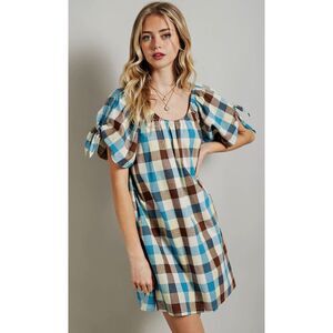 New Gigio Size S M L Teal Brown Plaid Side Pockets Lined Oversized Cotton Dress